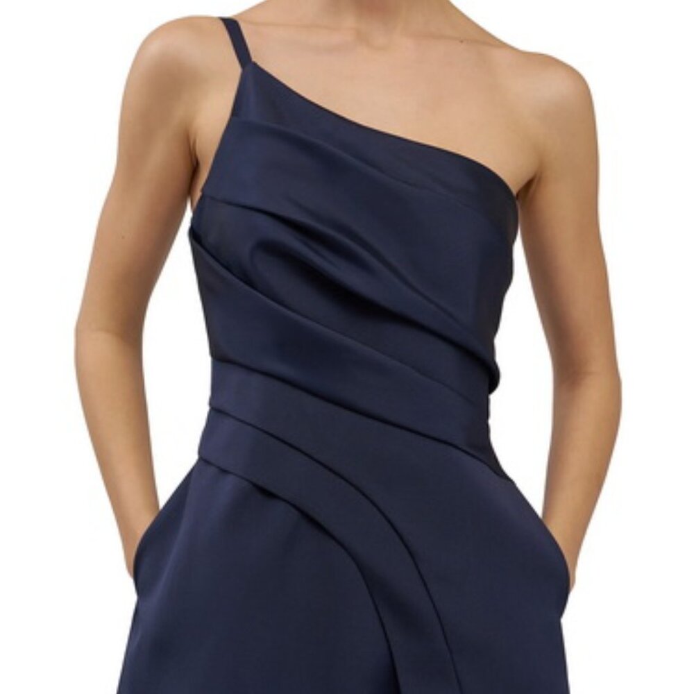 Kay Unger Midnight Blue Jillian One-Shoulder Pleated Taffeta Gown - Picture 5 of 7